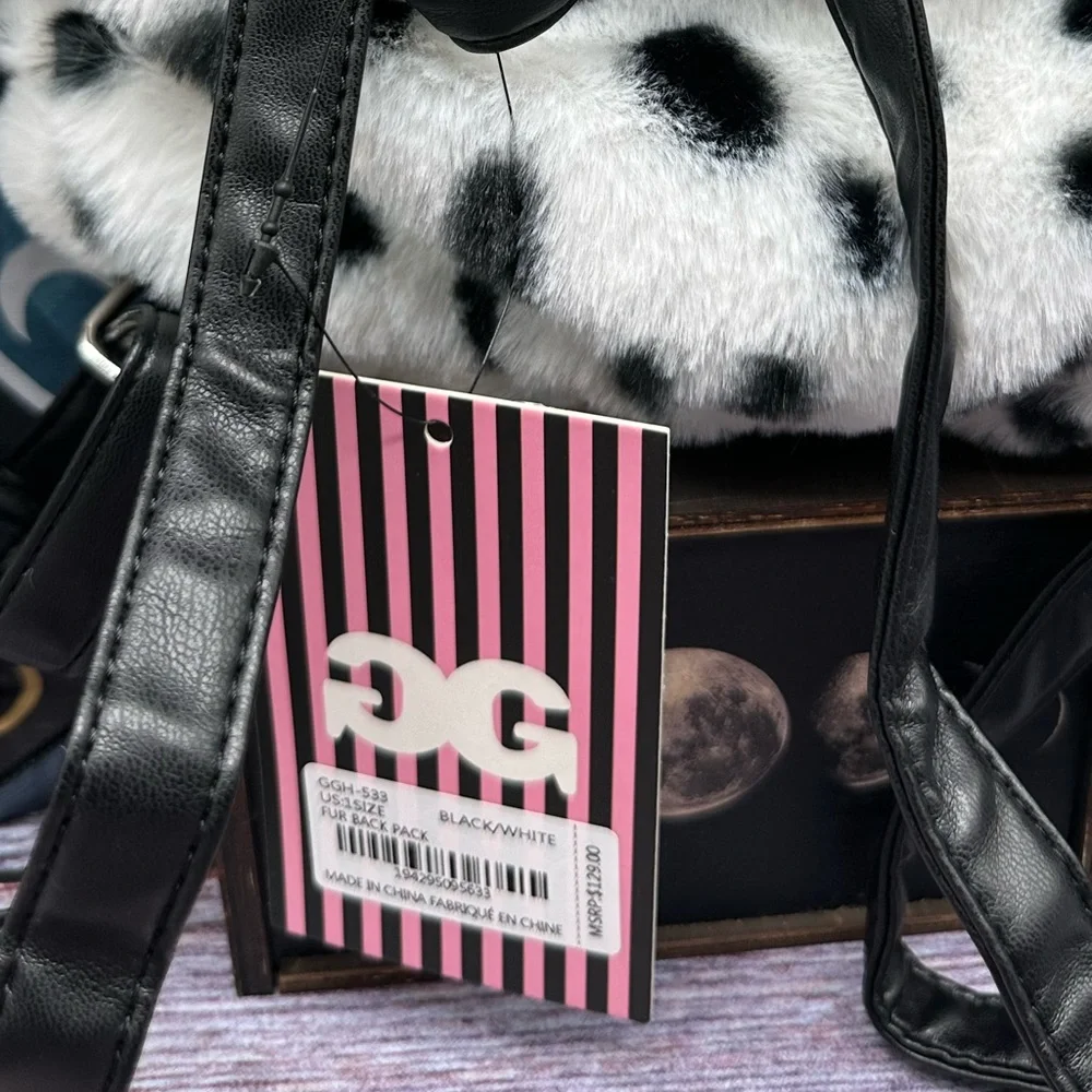 GILDA PARIS | Plush Fur Animal Print Spotted Mini Backpack with Charms NWT